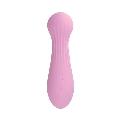 Compact pink silicone vibrator with a rounded head and textured handle for comfortable grip.