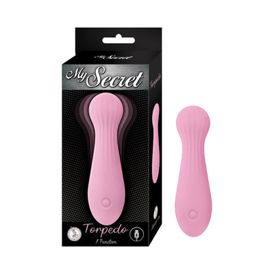 Pink My Secret Torpedo vibrator with textured surface shown next to its black and silver retail packaging.