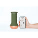 MYHIXEL TR device in olive green with copper base next to a hand holding a smartphone displaying the MYHIXEL app interface.