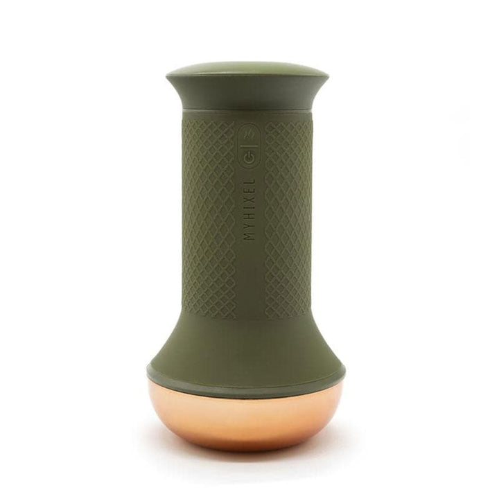 MYHIXEL TR male pleasure device in olive green with textured grip and copper-colored base on white background.