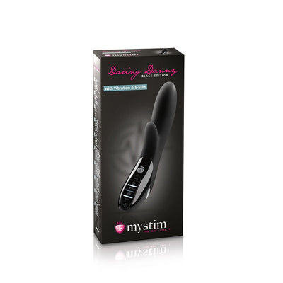 Packaging box of Mystim Daring Danny Black Edition vibrator with vibration and e-stim features shown on front.