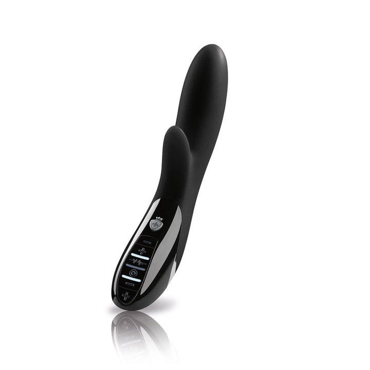 Black Mystim Daring Danny dual-stimulation vibrator with ergonomic design and illuminated control buttons on handle.