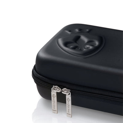 Black zippered storage case with embossed logo and metal Mystim branded zipper pulls on white background.