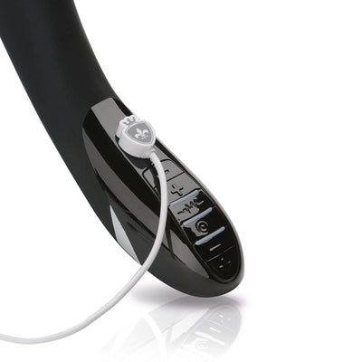 Close-up of Mystim Daring Danny black vibrator handle with control buttons and attached charging cable.