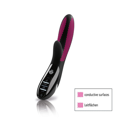Black Mystim Daring Danny vibrator with pink-striped conductive surfaces and control buttons on the handle.