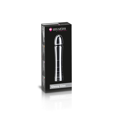 Glossy Glen sleek metallic dildo in black Mystim packaging with product name and logo visible.