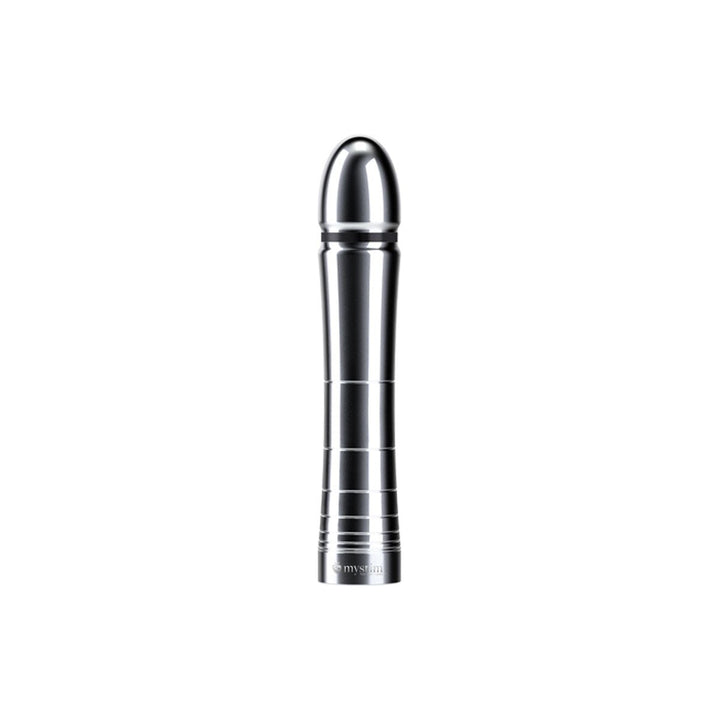 Sleek metallic Mystim Glossy Glen Dil with smooth tapered tip and ergonomic design for comfortable use.