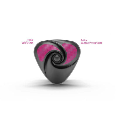 Top view of Mystim Hearts Desire eStim Lay On Vibrator highlighting black body with pink conductive surface areas.