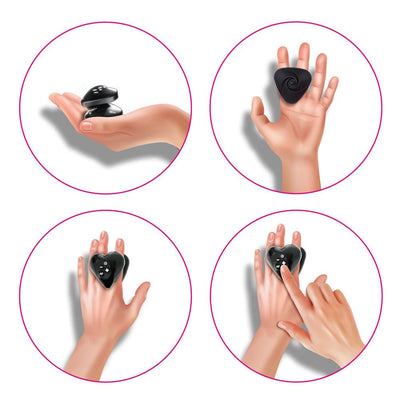 Black heart-shaped Mystim Hearts Desire eStim vibrator shown held and operated on hand in four views