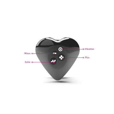 Black heart-shaped Mystim Hearts Desire eStim vibrator with labeled control buttons for vibration, plus, minus, and e-stim functions.