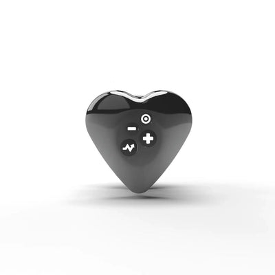 Black heart-shaped eStim vibrator with control buttons on front, designed for customizable pleasure and electrostimulation.