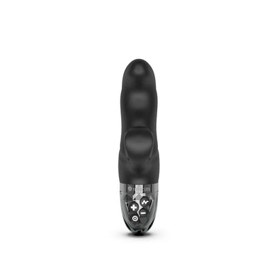 Black Mystim Hop Hop Bob eStim vibrator with ergonomic shape and control buttons on the base against white background.