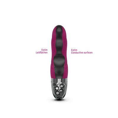 Black Mystim Hop Hop Bob eStim vibrator with highlighted conductive surfaces and control buttons on the base.