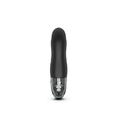 Black Mystim Hop Hop Bob eStim Vibrator with smooth silicone body and faceted transparent base on white background.