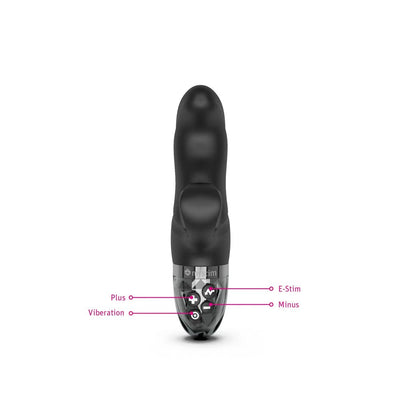Black Mystim Hop Hop Bob eStim vibrator with labeled control buttons for plus, minus, vibration, and e-stim functions.