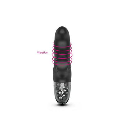 Black Mystim Hop Hop Bob eStim Vibrator with control buttons and vibration area highlighted in pink rings.