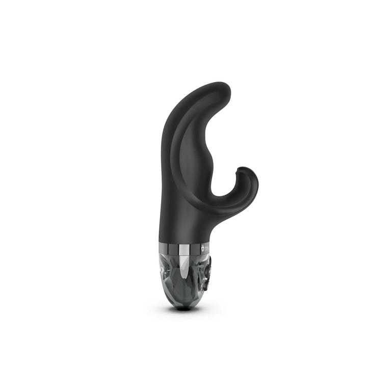 Black Mystim Hop Hop Bob eStim vibrator with curved dual-stimulation design and textured control base on white background.