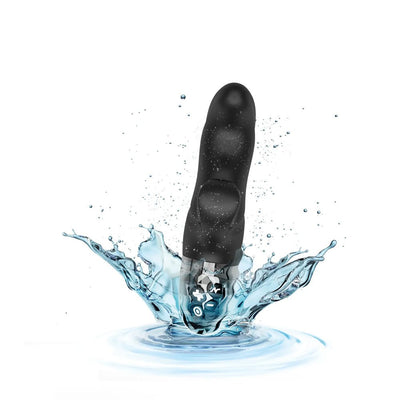 Black Mystim Hop Hop Bob eStim vibrator with control buttons, shown splashing into water, highlighting its waterproof design.