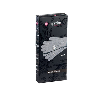 Mystim Magic Gloves packaging showing grey electro-conductive gloves with connecting wires on a black decorative box.