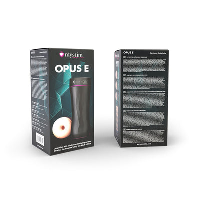 Packaging of Mystim Opus E-Stim Masturbator Donut showing front and back with product image and details.