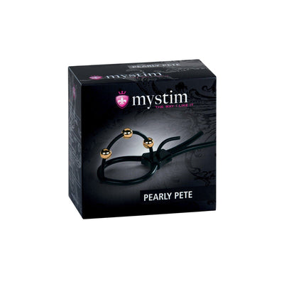 Mystim Pearly Pete corona strap with three adjustable gold-plated balls in black packaging box.