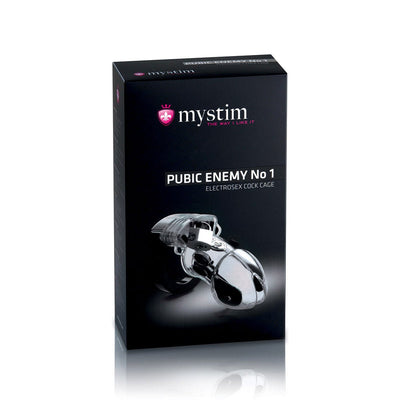 Mystim Public Enemy No 1 transparent electrostimulation chastity cage packaging with product image on black background.