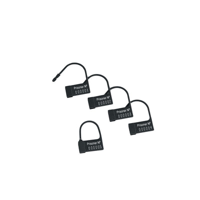 Set of five black numbered security seals labeled Prisoner No for secure locking and identification.