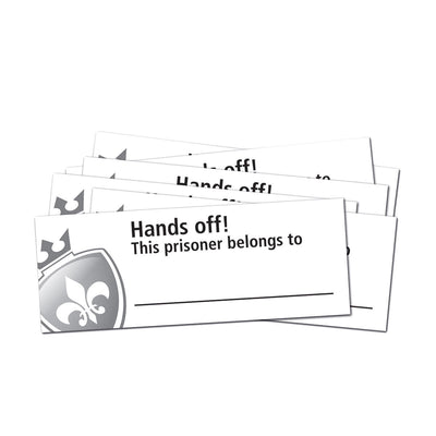 Stack of white cards with "Hands off! This prisoner belongs to" text and space for personalization, featuring a shield graphic.