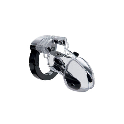 Transparent Mystim Public Enemy #1 chastity cage with black adjustable ring and small locking padlock.