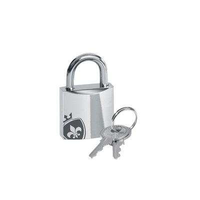 Silver metal padlock with two keys on a keyring against a white background