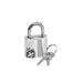 Silver metal padlock with two keys on a keyring against a white background