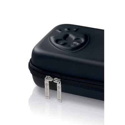Black hard-shell zippered carrying case with embossed logo and dual metal zipper pulls.