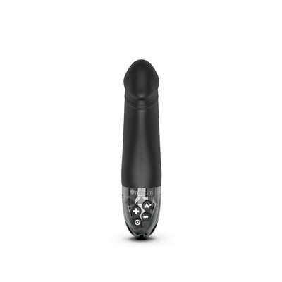 Black Mystim Real Deal Neal eStim vibrator with ergonomic shape and control buttons on the base against a white background.