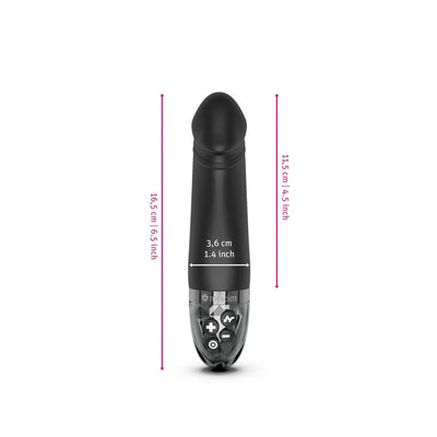 Black Mystim Real Deal Neal eStim vibrator with control buttons and size dimensions shown in centimeters and inches.