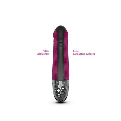 Black Mystim Real Deal Neal eStim vibrator with highlighted conductive surfaces and control buttons on the base.