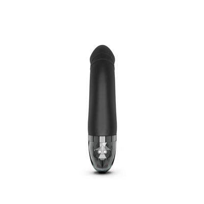 Black Mystim Real Deal Neal eStim Vibrator with smooth silicone finish and faceted transparent base on white background.