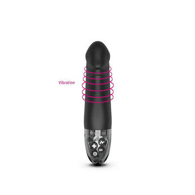 Black Mystim Real Deal Neal eStim vibrator with control buttons and vibration area highlighted in pink rings.