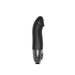 Black curved vibrator with textured tip and transparent control base with buttons on white background