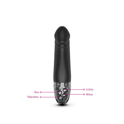 Black Mystim Real Deal Neal eStim vibrator with labeled control buttons for plus, minus, vibration, and e-stim functions.