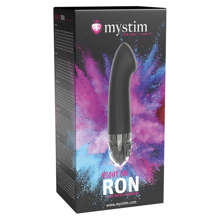 Black Mystim Right on Ron eStim G vibrator packaging with colorful powder background and product image on front.