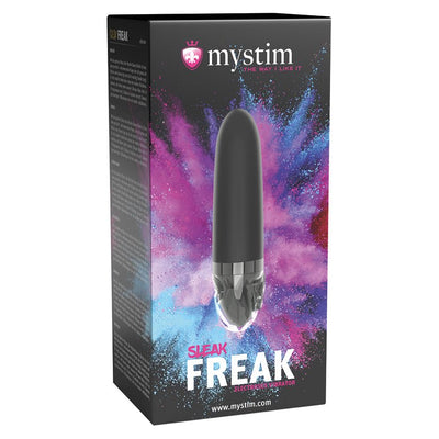 Black Mystim Sleak Freak eStim straight vibrator displayed on colorful cosmic-themed packaging.