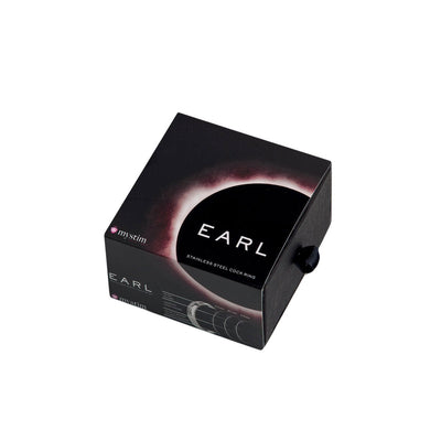 Black box packaging of Mystim the Earl stainless steel cock ring with product details and branding visible