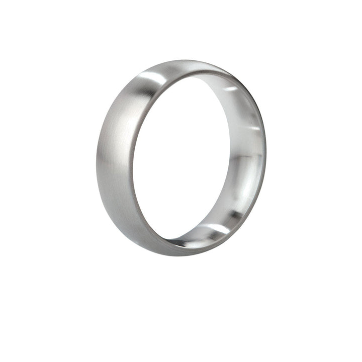 Brushed stainless steel round C-ring with smooth finish, 48mm diameter, designed for intimate use.