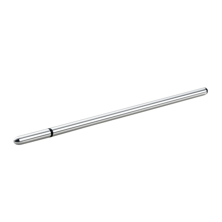 Sleek, polished silver urethral sound with rounded tip and black accent ring, designed for smooth insertion and stimulation.