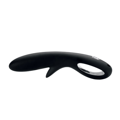 Black curved Mystim Tingly Timmy E-Stim Dil with chrome-plated handle and flexible silicone body.