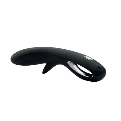 Black ergonomic Mystim Tingly Timmy E-Stim Dil with chrome-plated handle and smooth silicone surface on white background.