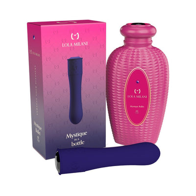 Lola Milani Mystique Bullet vibrator in deep purple with textured pink storage bottle and matching packaging box.