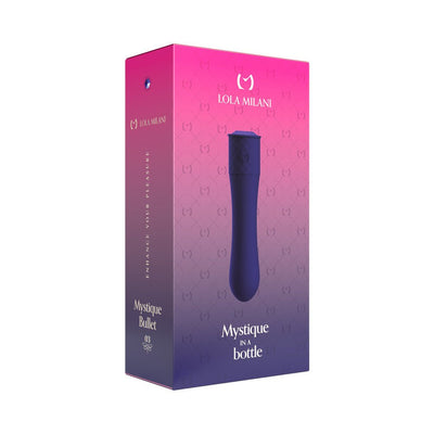 Packaging box of Lola Milani Mystique Bullet vibrator in purple with pink gradient and product image on front.