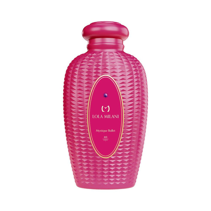 Pink textured bottle-shaped packaging of Lola Milani Mystique Bullet vibrator with gold and purple label detailing.