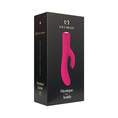 Black packaging box featuring a pink Mystique Rabbit dual-action vibrator by Lola Milani.